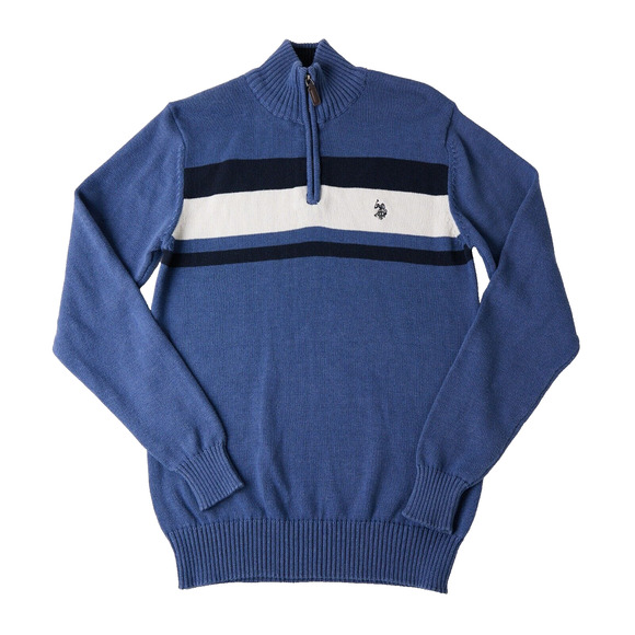US Polo Assn Mens Sz S Blue Striped 1/4 Zip Sweater Retro Preppy Knit Collegiate - Picture 1 of 10